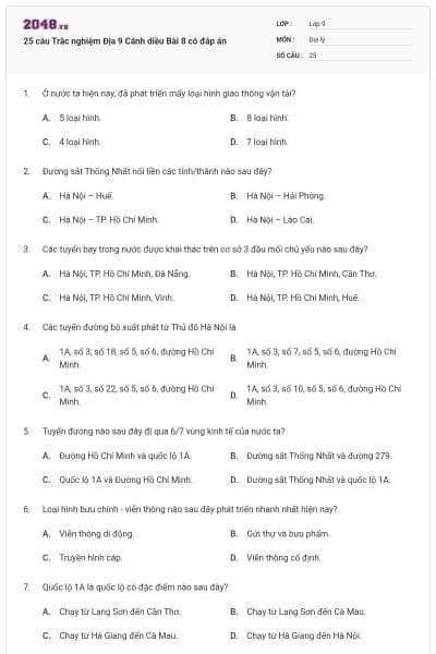 25 câu Trắc nghiệm Địa 9 Cánh diều Bài 8 có đáp án