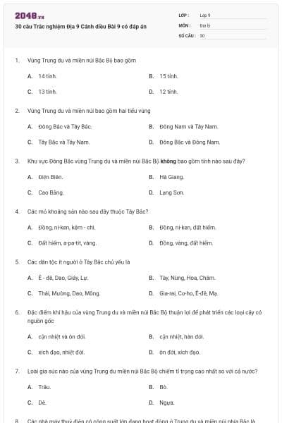 30 câu Trắc nghiệm Địa 9 Cánh diều Bài 9 có đáp án