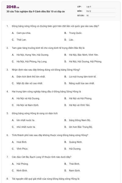 30 câu Trắc nghiệm Địa 9 Cánh diều Bài 10 có đáp án