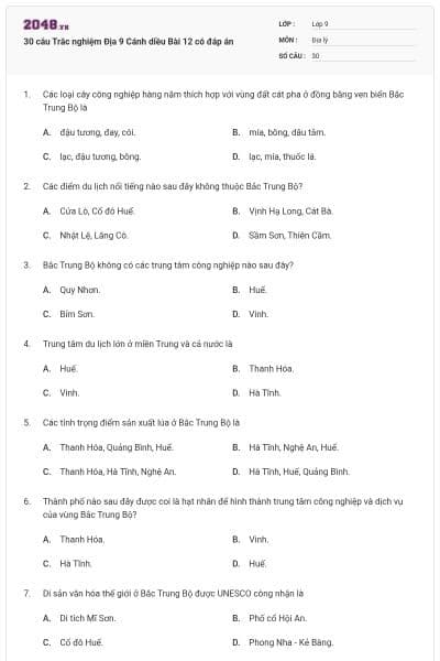 30 câu Trắc nghiệm Địa 9 Cánh diều Bài 12 có đáp án