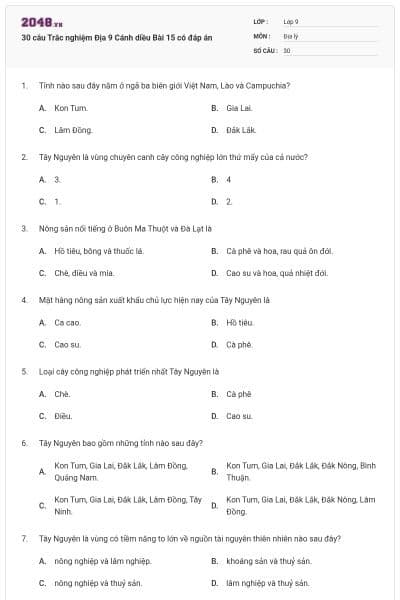 30 câu Trắc nghiệm Địa 9 Cánh diều Bài 15 có đáp án