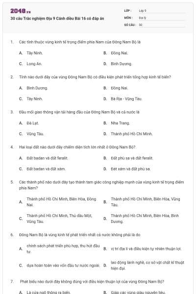 30 câu Trắc nghiệm Địa 9 Cánh diều Bài 16 có đáp án