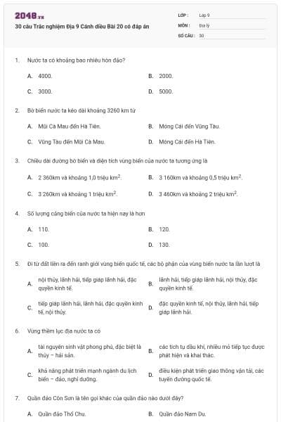 30 câu Trắc nghiệm Địa 9 Cánh diều Bài 20 có đáp án