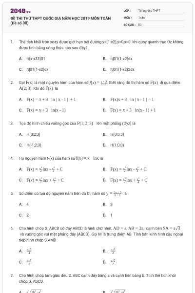 ĐỀ THI THỬ THPT QUỐC GIA NĂM HỌC 2019 MÔN TOÁN (Đề số 08)
