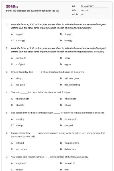 Đề thi thử thpt quốc gia 2020 môn tiếng anh (đề 13)