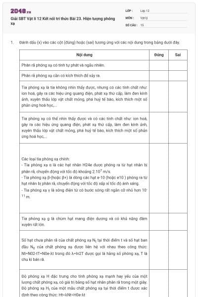 Giải SBT Vật lí 12 Kết nối tri thức Bài 23. Hiện tượng phóng xạ