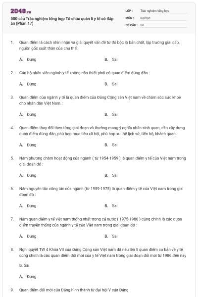 500 câu Trắc nghiệm tổng hợp Tổ chức quản lí y tế có đáp án (Phần 17)