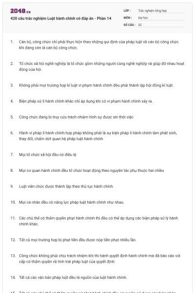 420 câu trắc nghiệm Luật hành chính có đáp án - Phần 14