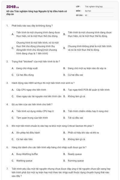 60 câu Trắc nghiệm tổng hợp Nguyên lý hệ điều hành có đáp án