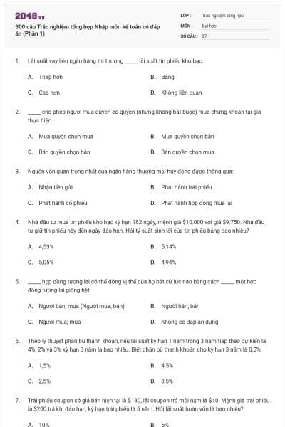 300 câu Trắc nghiệm tổng hợp Nhập môn kế toán có đáp án (Phần 1)