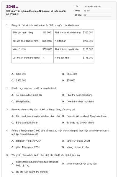 300 câu Trắc nghiệm tổng hợp Nhập môn kế toán có đáp án (Phần 4)