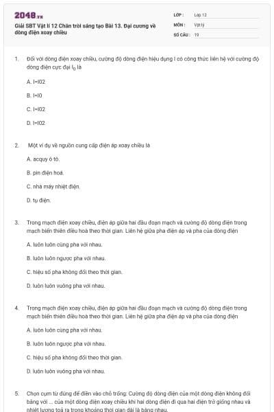 Giải SBT Vật lí 12 Chân trời sáng tạo Bài 13. Đại cương về dòng điện xoay chiều