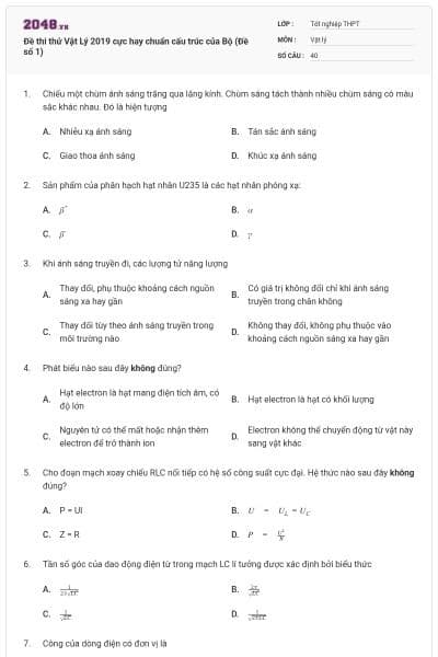 Đề thi thử Vật Lý 2019 cực hay chuẩn cấu trúc của Bộ (Đề số 1)