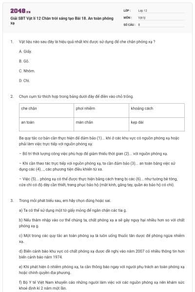 Giải SBT Vật lí 12 Chân trời sáng tạo Bài 18. An toàn phóng xạ