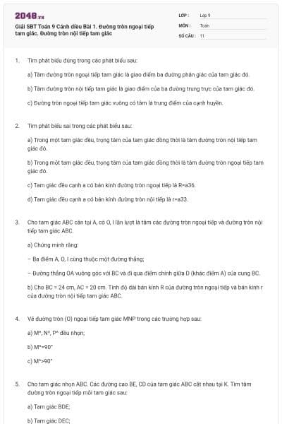 Giải SBT Toán 9 Cánh diều Bài 1. Đường tròn ngoại tiếp tam giác. Đường tròn nội tiếp tam giác