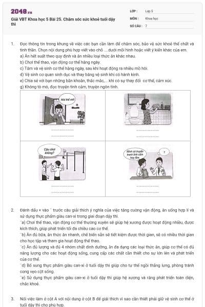 Giải VBT Khoa học 5 Bài 25. Chăm sóc sức khoẻ tuổi dậy thì