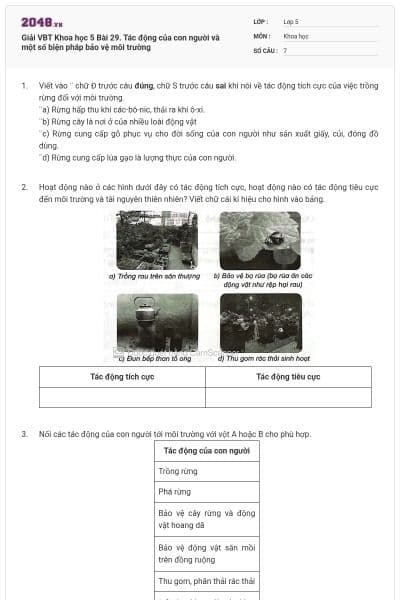 Giải VBT Khoa học 5 Bài 29. Tác động của con người và một số biện pháp bảo vệ môi trường