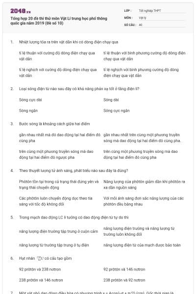 Tổng hợp 20 đề thi thử môn Vật Lí trung học phổ thông quốc gia năm 2019 (Đề số 10)