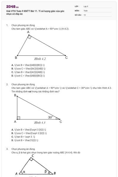 Giải VTH Toán 9 KNTT Bài 11. Tỉ số lượng giác của góc nhọn có đáp án