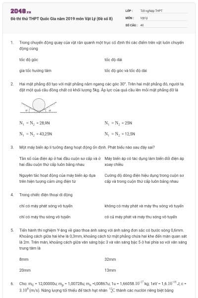 Đề thi thử THPT Quốc Gia năm 2019 môn Vật Lý (Đề số 8)