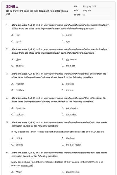 Đề thi thử THPT Quốc Gia môn Tiếng anh năm 2020 (Đề số 30)