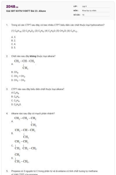Giải SBT KHTN 9 KNTT Bài 23. Alkane