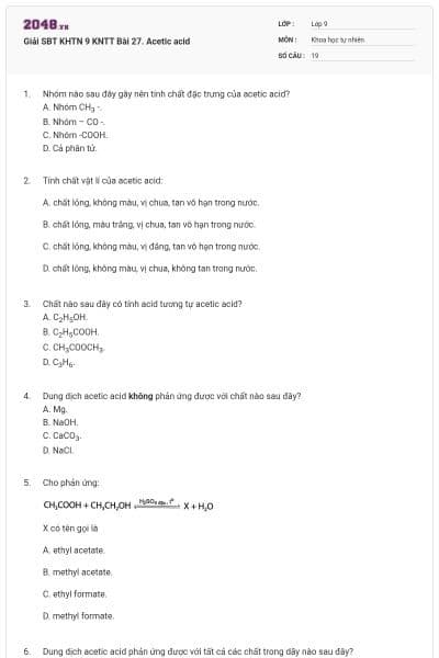 Giải SBT KHTN 9 KNTT Bài 27. Acetic acid
