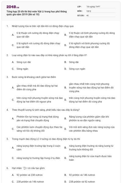 Tổng hợp 20 đề thi thử môn Vật Lí trung học phổ thông quốc gia năm 2019 (Đề số 10)