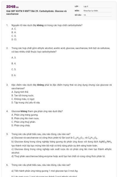 Giải SBT KHTN 9 KNTT Bài 29. Carbohydrate. Glucose và saccharose
