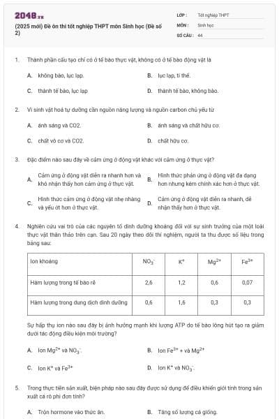 (2025 mới) Đề ôn thi tốt nghiệp THPT môn Sinh học (Đề số 2)