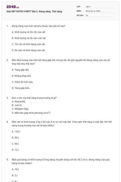 Giải SBT KHTN 9 KNTT Bài 2. Động năng. Thế năng