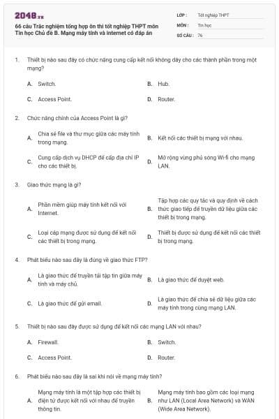 66 câu Trắc nghiệm tổng hợp ôn thi tốt nghiệp THPT môn Tin học Chủ đề B. Mạng máy tính và internet có đáp án