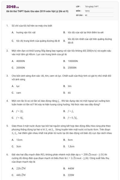 Đề thi thử THPT Quốc Gia năm 2019 môn Vật Lý (Đề số 9)