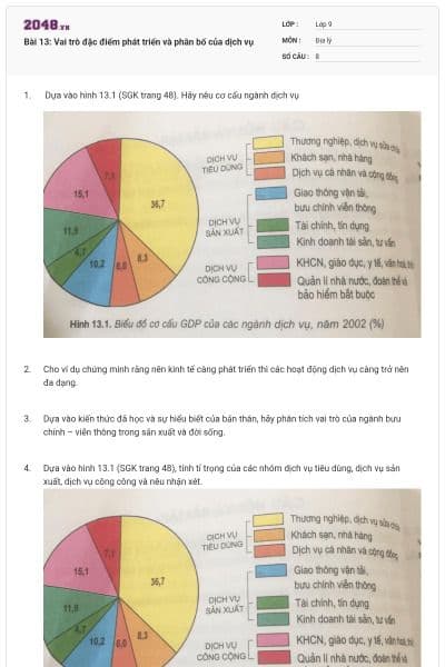 Bài 13: Vai trò đặc điểm phát triển và phân bố của dịch vụ