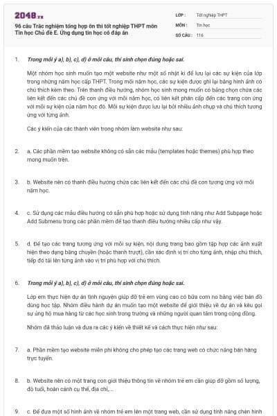 96 câu Trắc nghiệm tổng hợp ôn thi tốt nghiệp THPT môn Tin học Chủ đề E. Ứng dụng tin học có đáp án