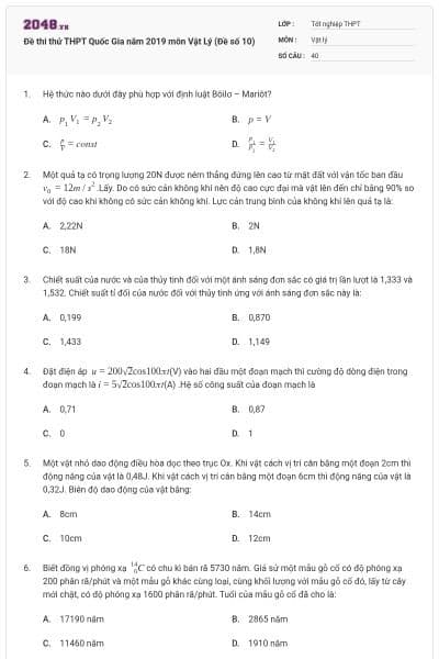 Đề thi thử THPT Quốc Gia năm 2019 môn Vật Lý (Đề số 10)