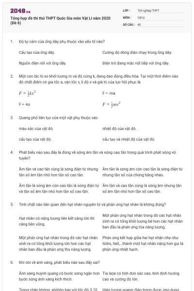 Tổng hợp đề thi thử THPT Quốc Gia môn Vật Lí năm 2020 (Đề 6)