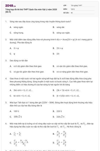 Tổng hợp đề thi thử THPT Quốc Gia môn Vật Lí năm 2020 (Đề 4)