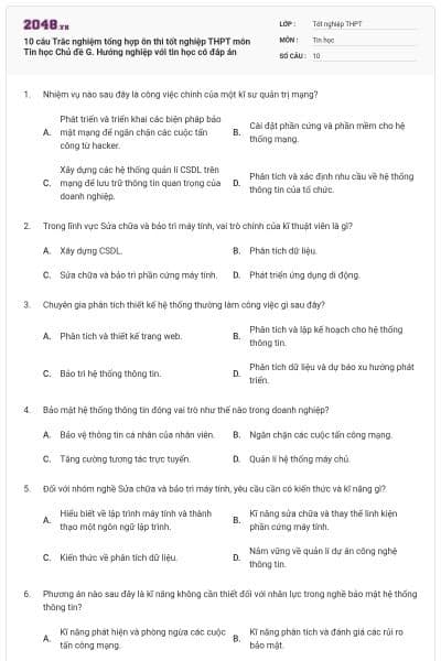 10 câu Trắc nghiệm tổng hợp ôn thi tốt nghiệp THPT môn Tin học Chủ đề G. Hướng nghiệp với tin học có đáp án