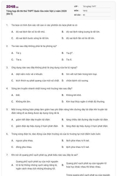 Tổng hợp đề thi thử THPT Quốc Gia môn Vật Lí năm 2020 (Đề 5)