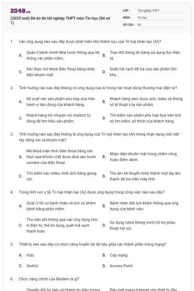 (2025 mới) Đề ôn thi tốt nghiệp THPT môn Tin học (Đề số 1)