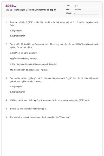 Giải VBT Tiếng Việt 5 CTST Bài 7: Chớm thu có đáp án