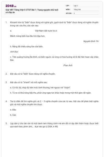 Giải VBT Tiếng Việt 5 CTST Bài 1: Trạng nguyên nhỏ tuổi có đáp án