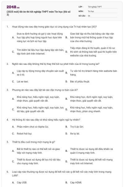 (2025 mới) Đề ôn thi tốt nghiệp THPT môn Tin học (Đề số 3)