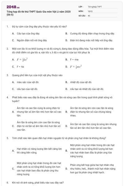 Tổng hợp đề thi thử THPT Quốc Gia môn Vật Lí năm 2020 (Đề 6)
