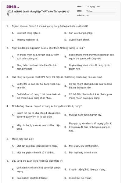(2025 mới) Đề ôn thi tốt nghiệp THPT môn Tin học (Đề số 5)