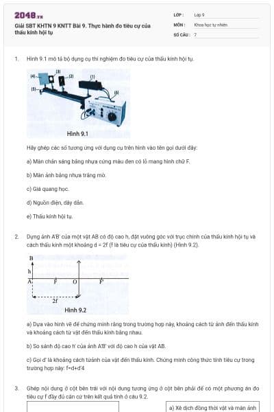 Giải SBT KHTN 9 KNTT Bài 9. Thực hành đo tiêu cự của thấu kính hội tụ