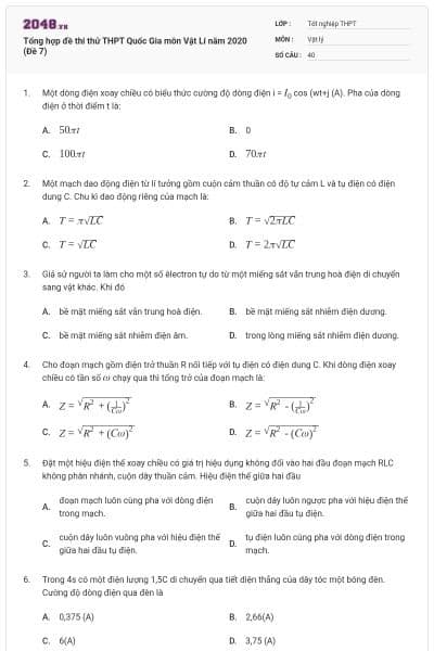 Tổng hợp đề thi thử THPT Quốc Gia môn Vật Lí năm 2020 (Đề 7)