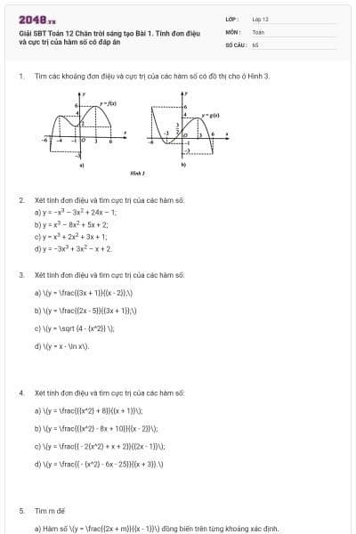 Giải SBT Toán 12 Chân trời sáng tạo Bài 1. Tính đơn điệu và cực trị của hàm số có đáp án