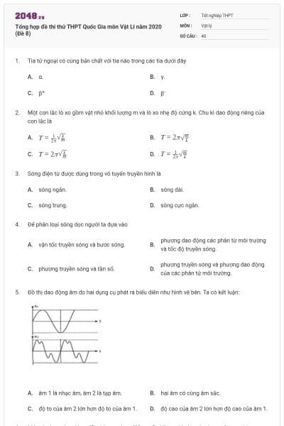 Tổng hợp đề thi thử THPT Quốc Gia môn Vật Lí năm 2020 (Đề 8)